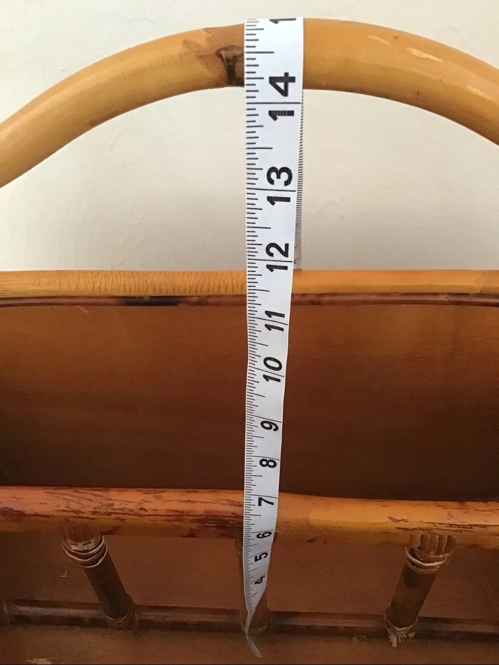 Vintage 1950s magazine rack bent bamboo frame, woven rattan side